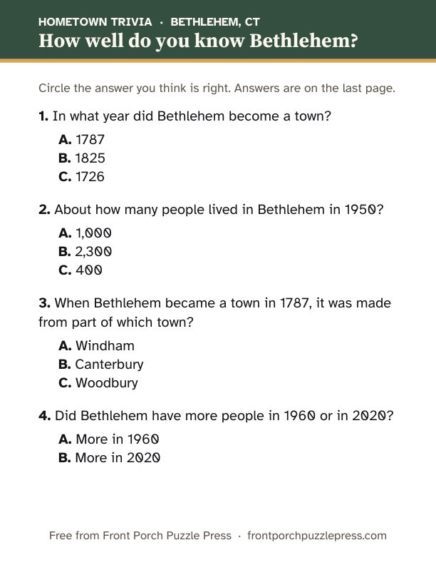 First page of the Bethlehem hometown trivia kit