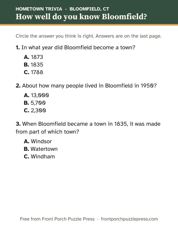 First page of the Bloomfield hometown trivia kit