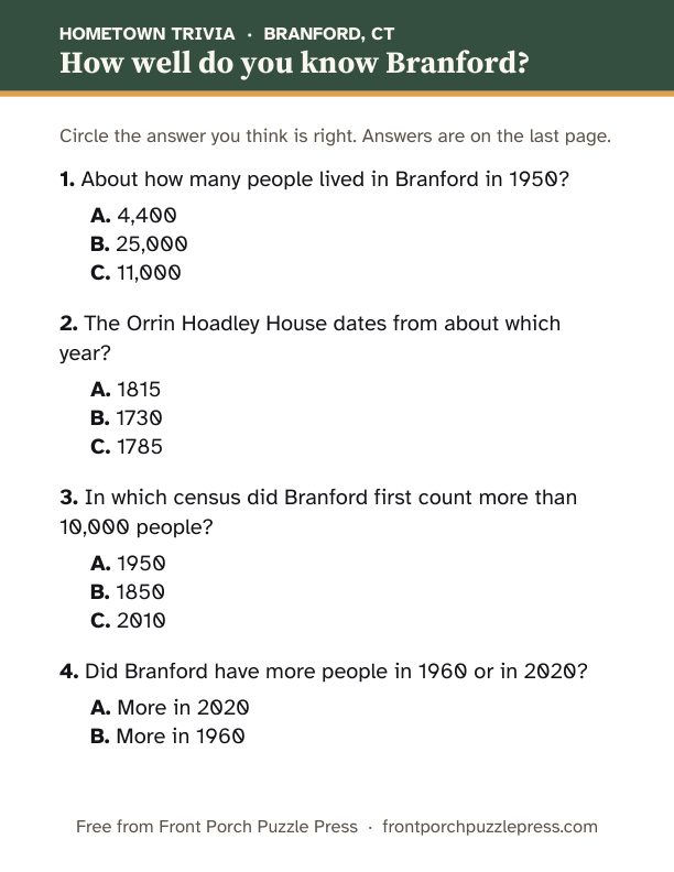First page of the Branford hometown trivia kit