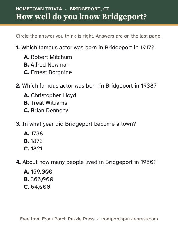 First page of the Bridgeport hometown trivia kit