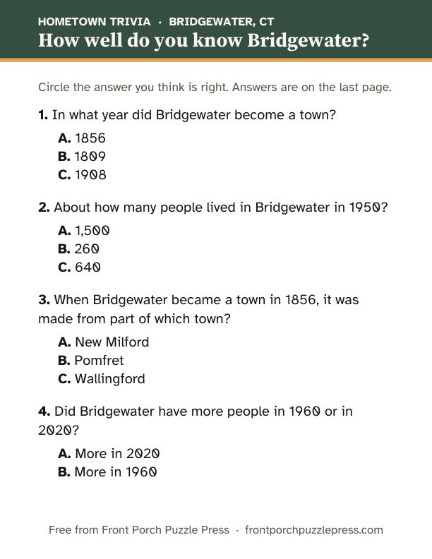 First page of the Bridgewater hometown trivia kit