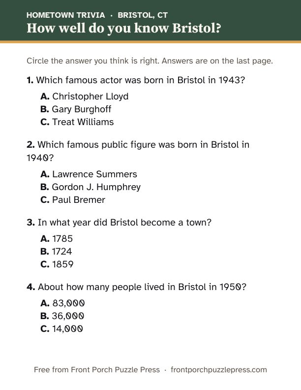 First page of the Bristol hometown trivia kit