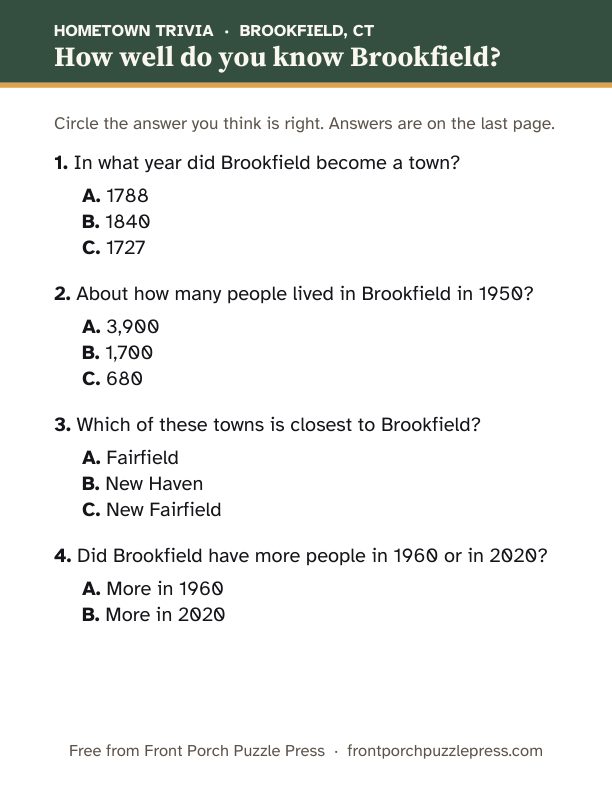 First page of the Brookfield hometown trivia kit