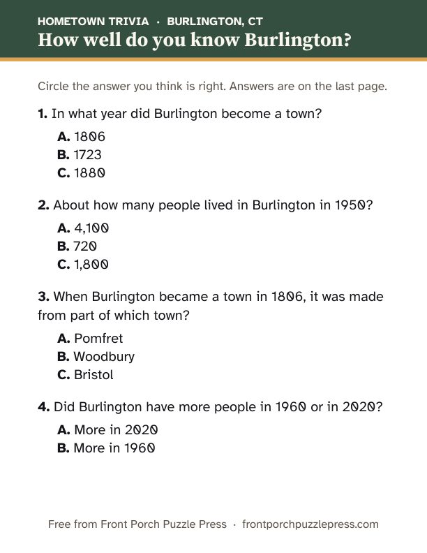 First page of the Burlington hometown trivia kit