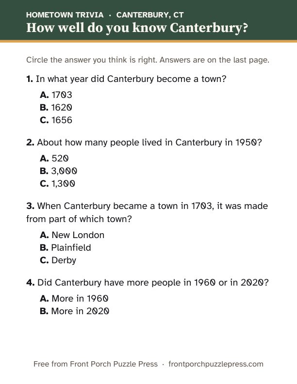First page of the Canterbury hometown trivia kit