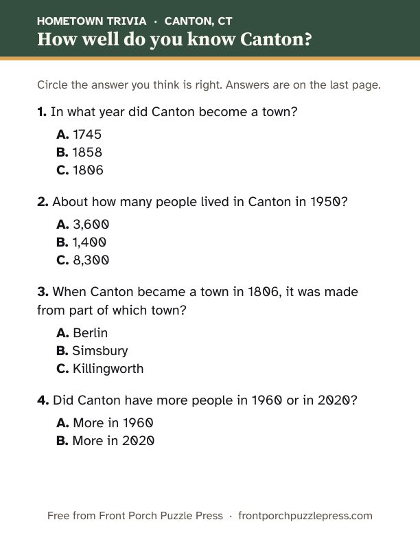 First page of the Canton hometown trivia kit