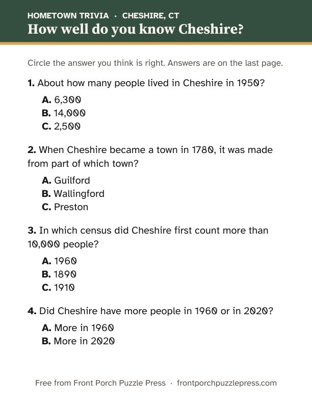 First page of the Cheshire hometown trivia kit