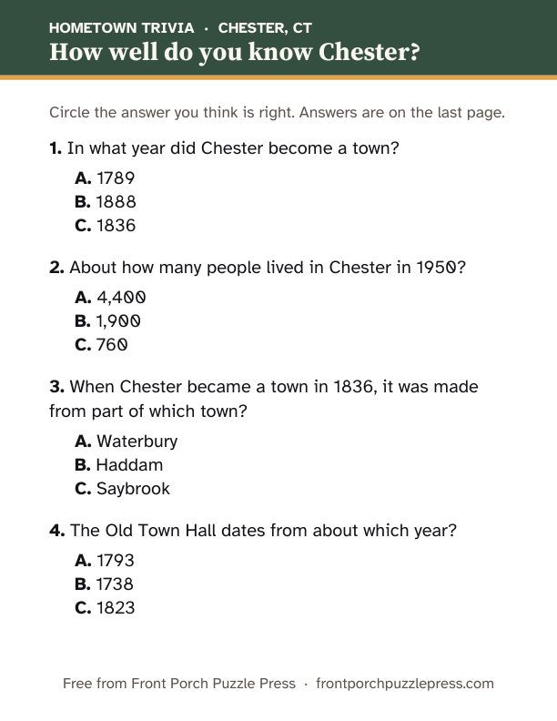 First page of the Chester hometown trivia kit