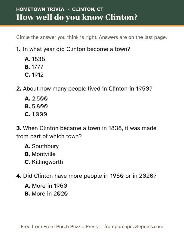 First page of the Clinton hometown trivia kit