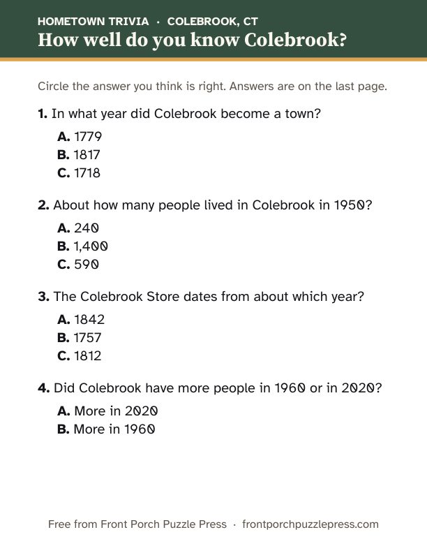 First page of the Colebrook hometown trivia kit