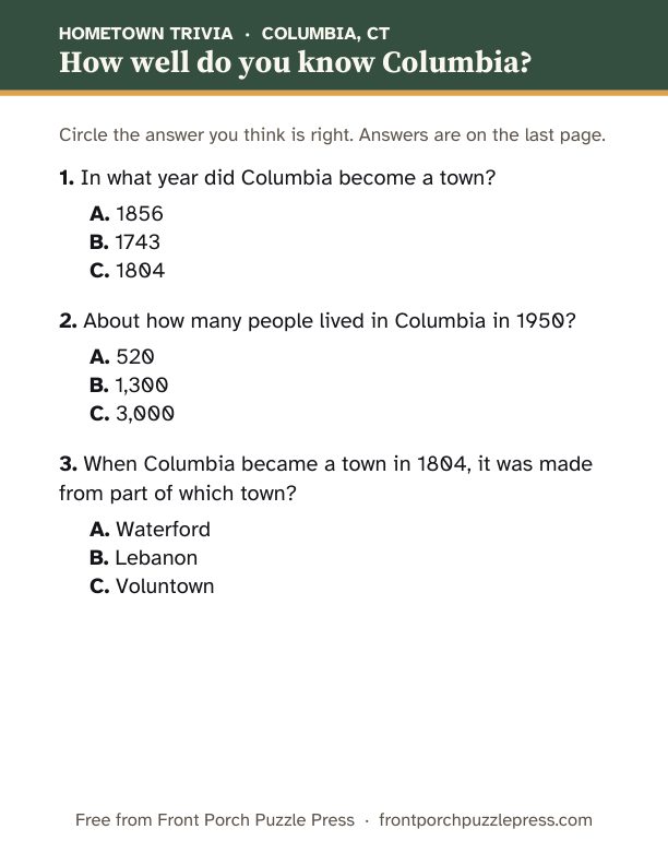 First page of the Columbia hometown trivia kit