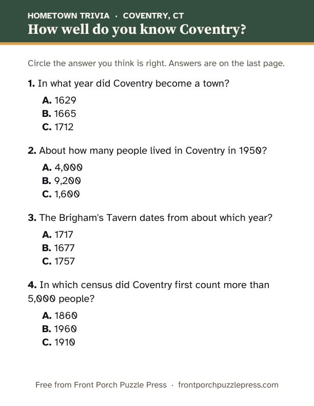 First page of the Coventry hometown trivia kit