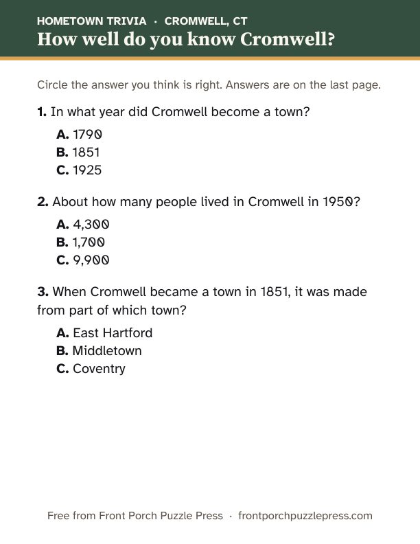 First page of the Cromwell hometown trivia kit