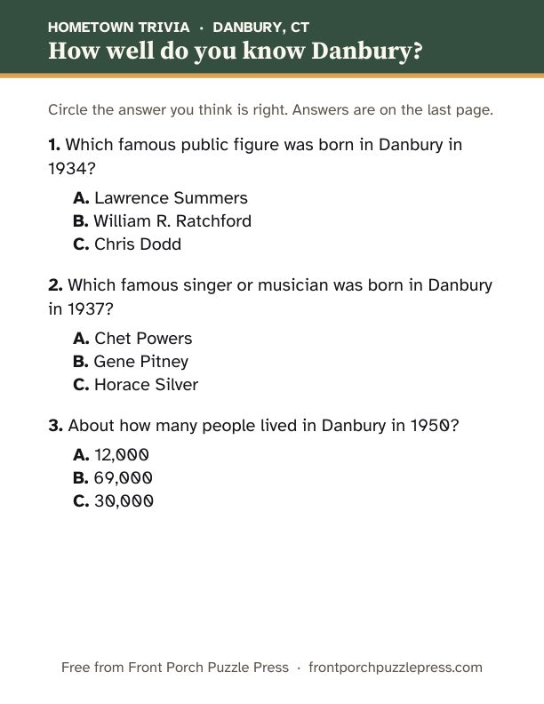 First page of the Danbury hometown trivia kit