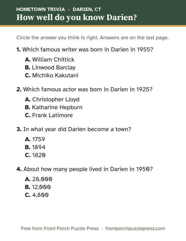 First page of the Darien hometown trivia kit