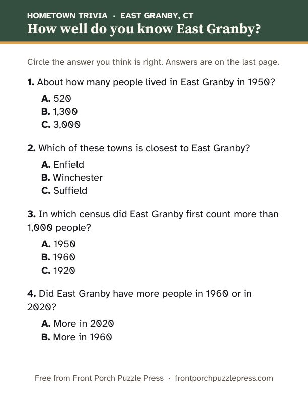 First page of the East Granby hometown trivia kit