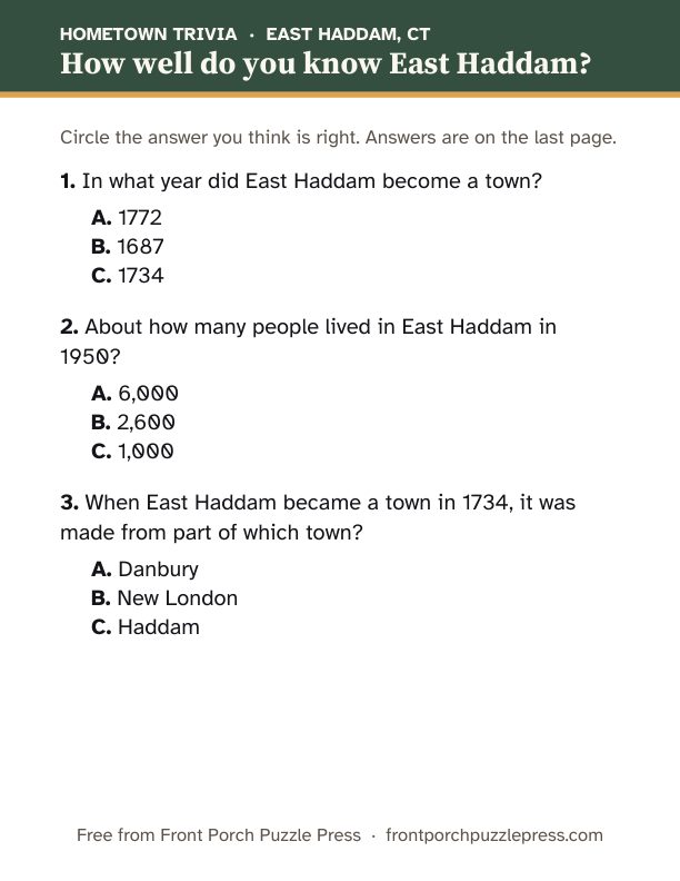 First page of the East Haddam hometown trivia kit