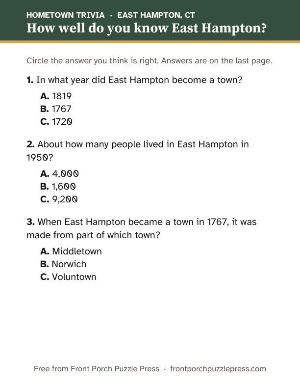First page of the East Hampton hometown trivia kit
