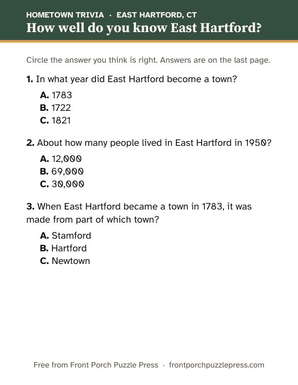 First page of the East Hartford hometown trivia kit