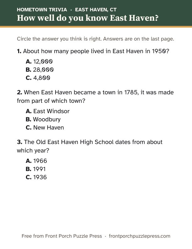 First page of the East Haven hometown trivia kit