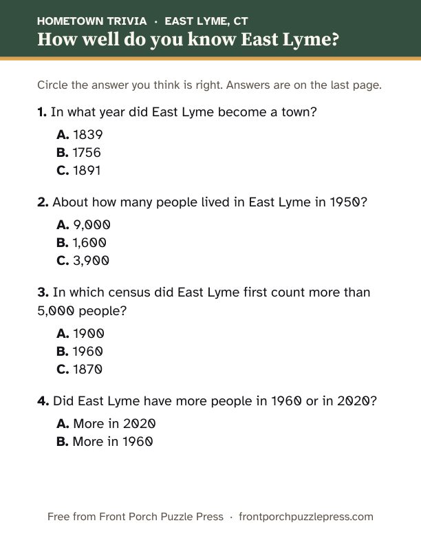 First page of the East Lyme hometown trivia kit