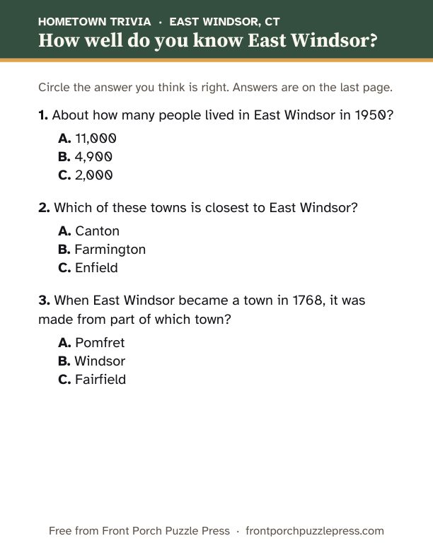 First page of the East Windsor hometown trivia kit