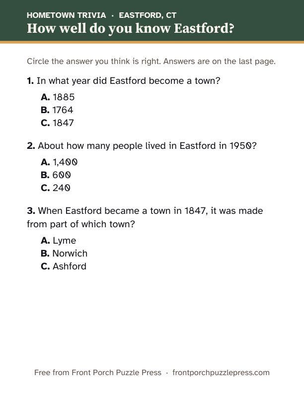 First page of the Eastford hometown trivia kit