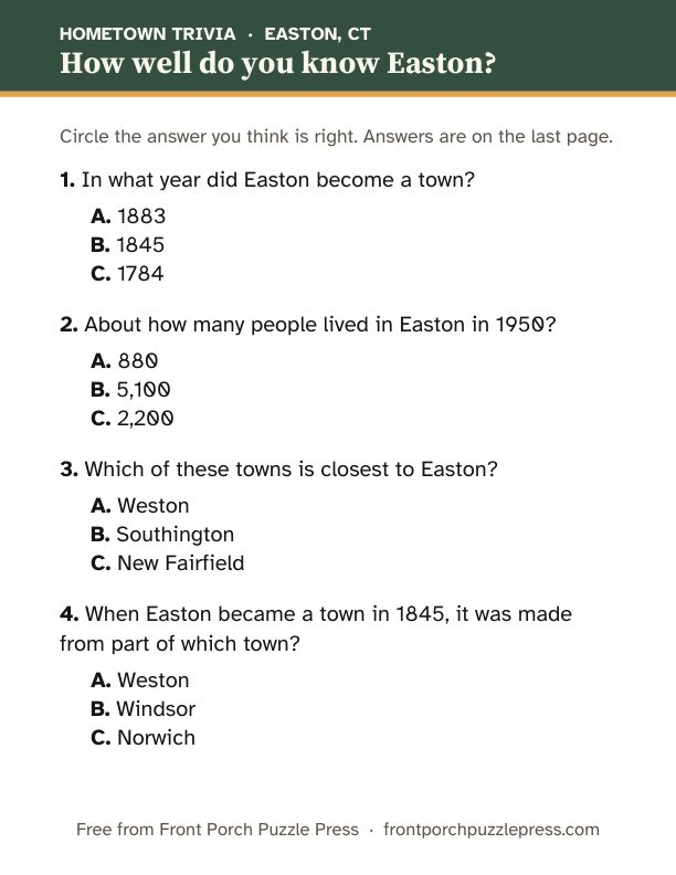 First page of the Easton hometown trivia kit
