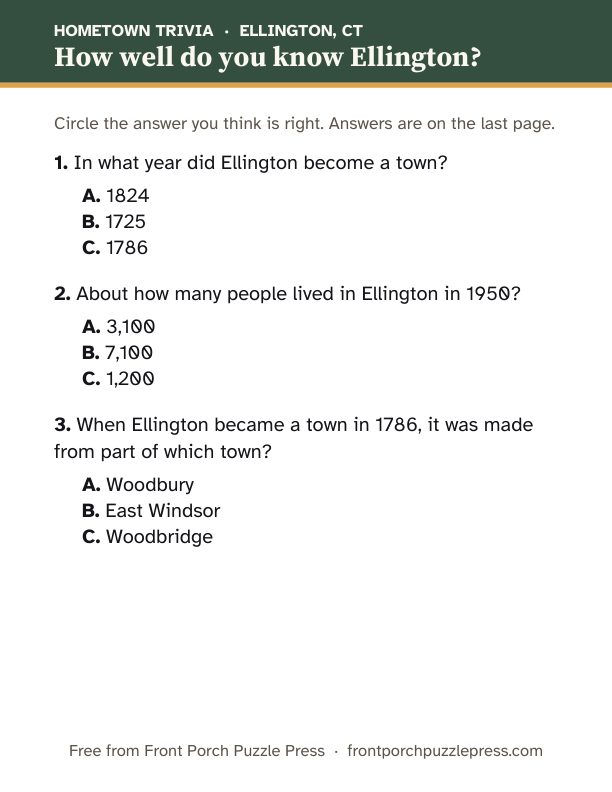 First page of the Ellington hometown trivia kit