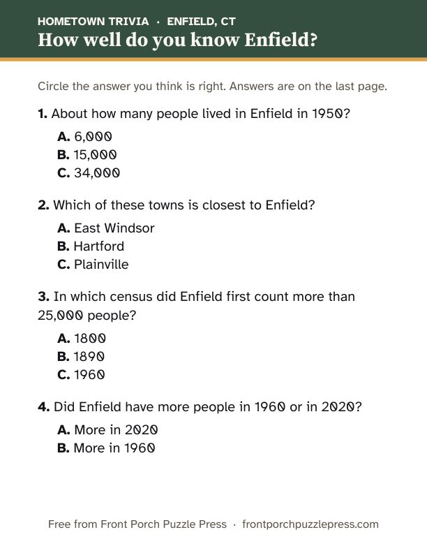 First page of the Enfield hometown trivia kit