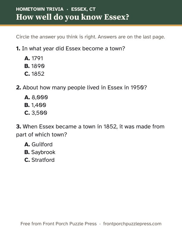 First page of the Essex hometown trivia kit