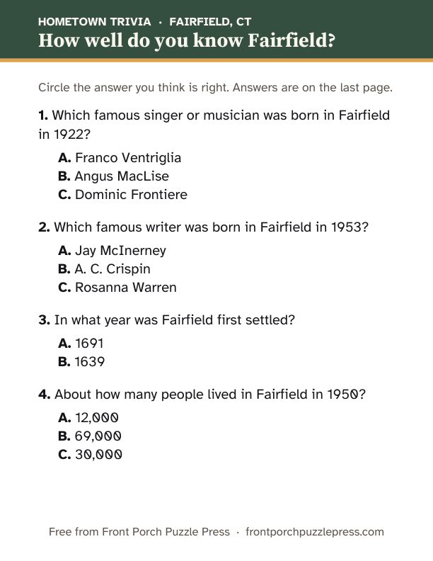 First page of the Fairfield hometown trivia kit