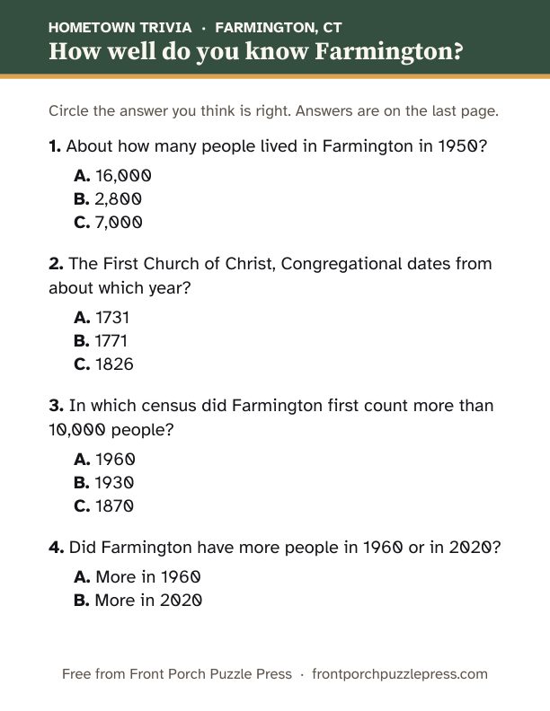 First page of the Farmington hometown trivia kit