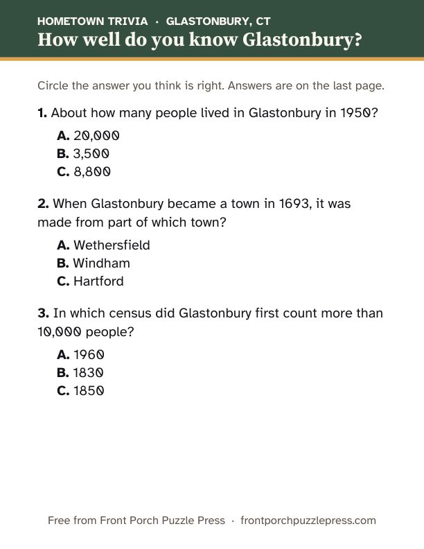 First page of the Glastonbury hometown trivia kit