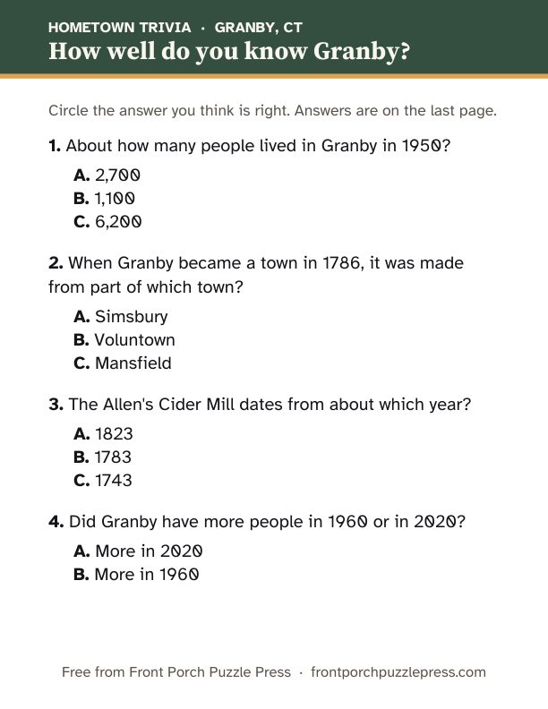 First page of the Granby hometown trivia kit