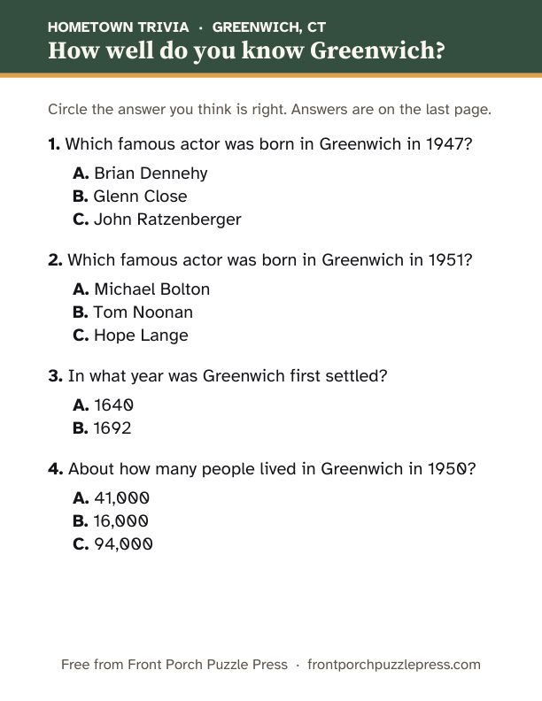 First page of the Greenwich hometown trivia kit