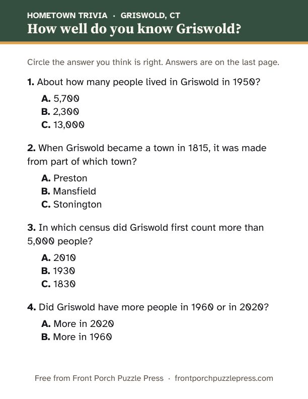 First page of the Griswold hometown trivia kit