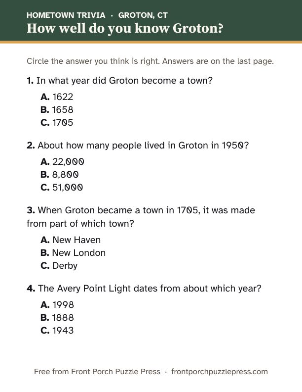 First page of the Groton hometown trivia kit