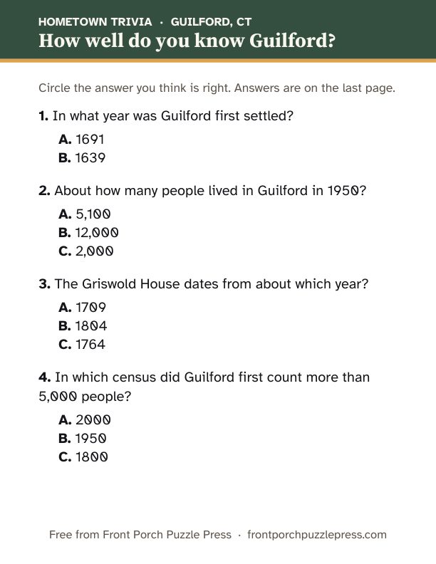 First page of the Guilford hometown trivia kit
