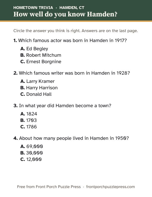First page of the Hamden hometown trivia kit