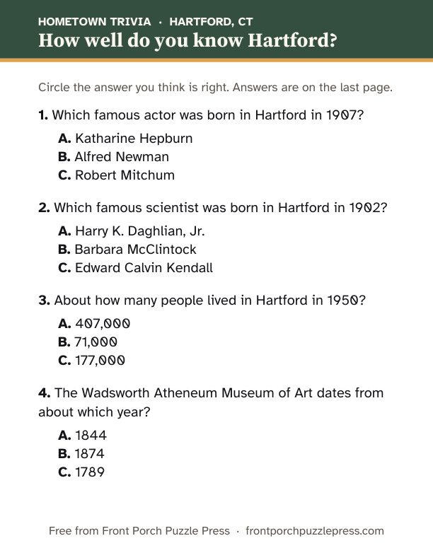 First page of the Hartford hometown trivia kit