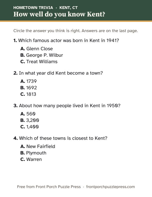 First page of the Kent hometown trivia kit