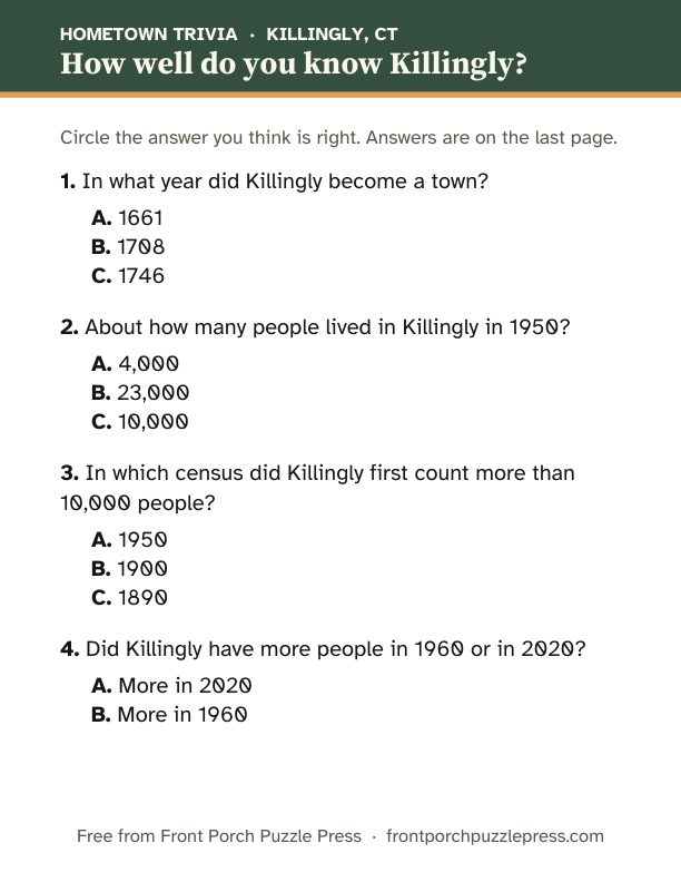 First page of the Killingly hometown trivia kit