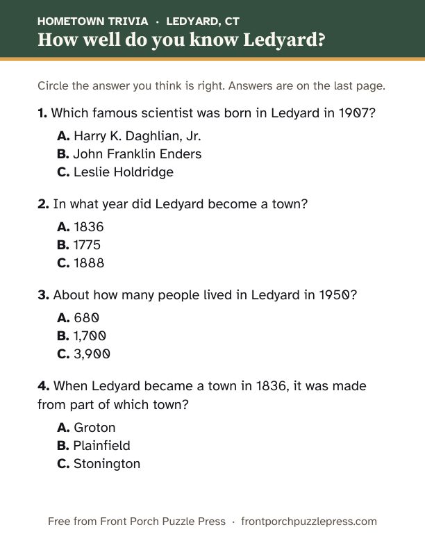 First page of the Ledyard hometown trivia kit