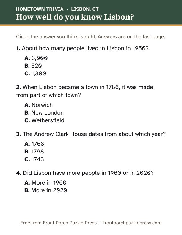 First page of the Lisbon hometown trivia kit