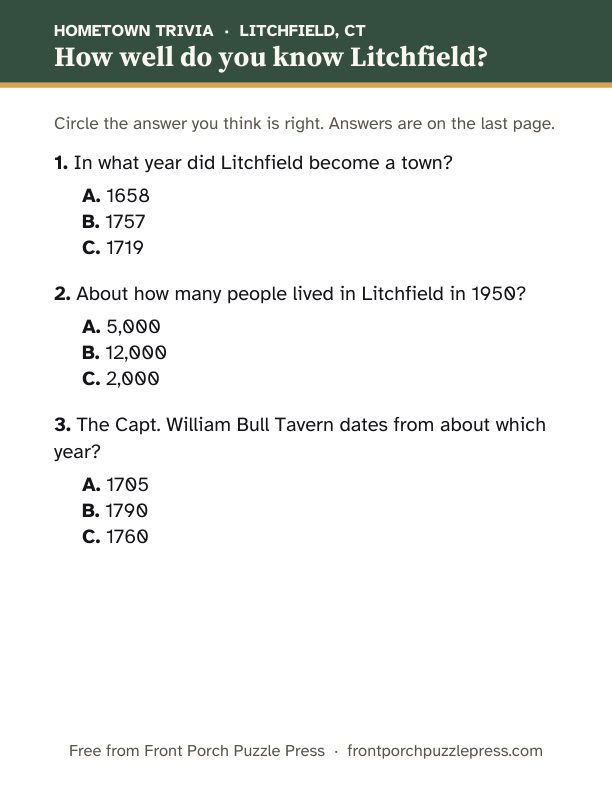 First page of the Litchfield hometown trivia kit