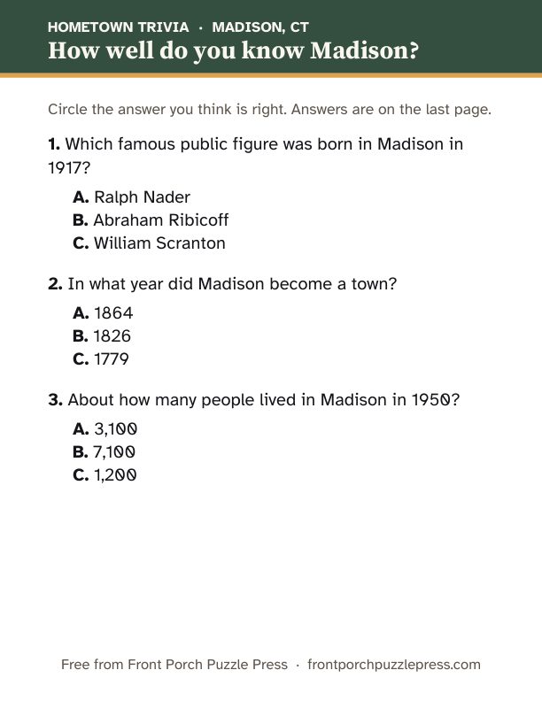First page of the Madison hometown trivia kit