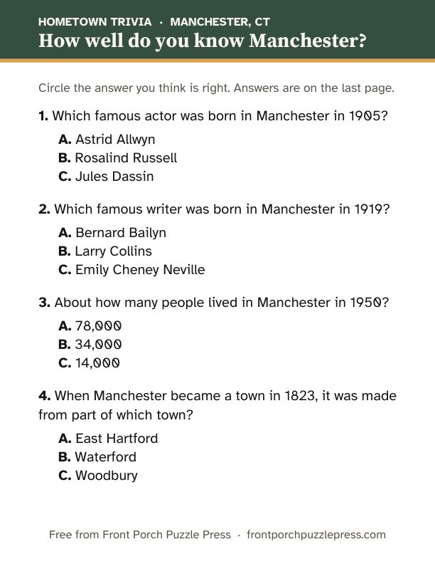 First page of the Manchester hometown trivia kit