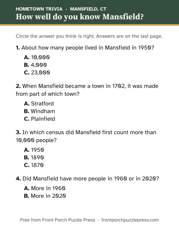 First page of the Mansfield hometown trivia kit