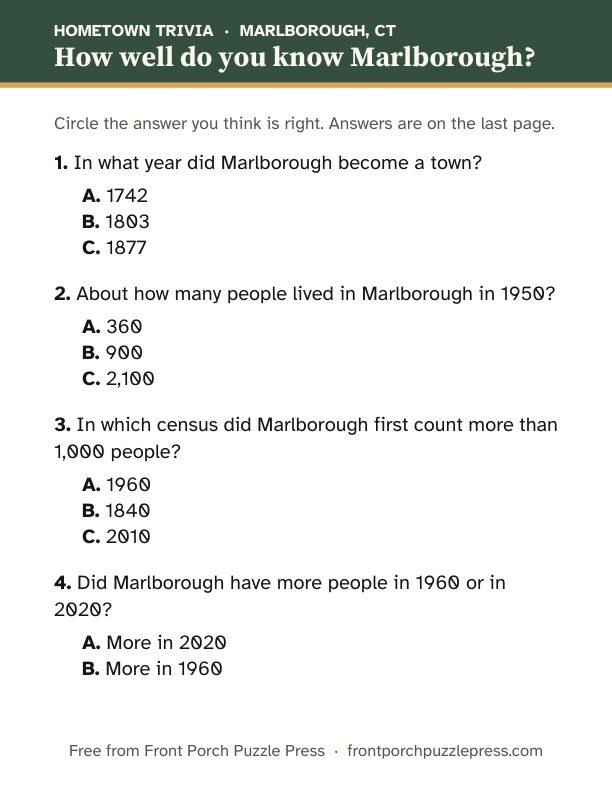 First page of the Marlborough hometown trivia kit